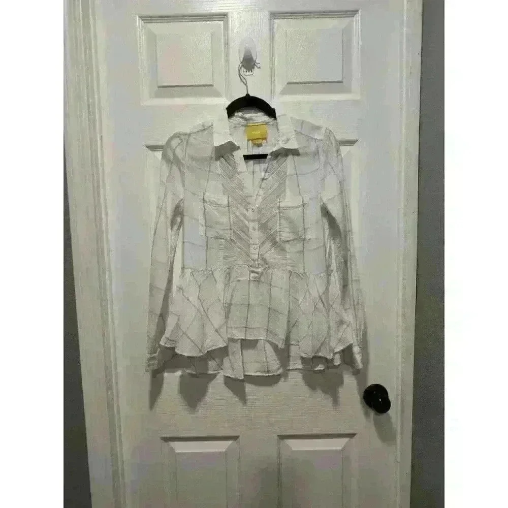 Maeve Shirt 0‎ Ivory Blue Plaid Lace Button Up Lightweight Anthropologie Womens